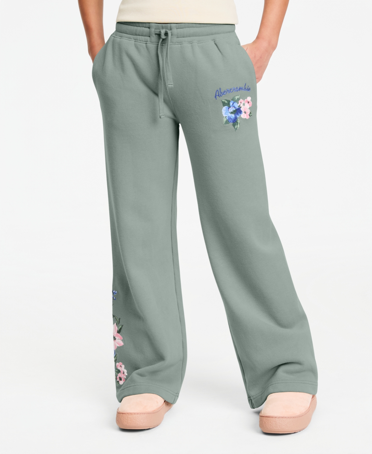 abercrombie kids Girls' 5-16 Floral Low-Rise Baggy Fleece Pants - Iceberg Green