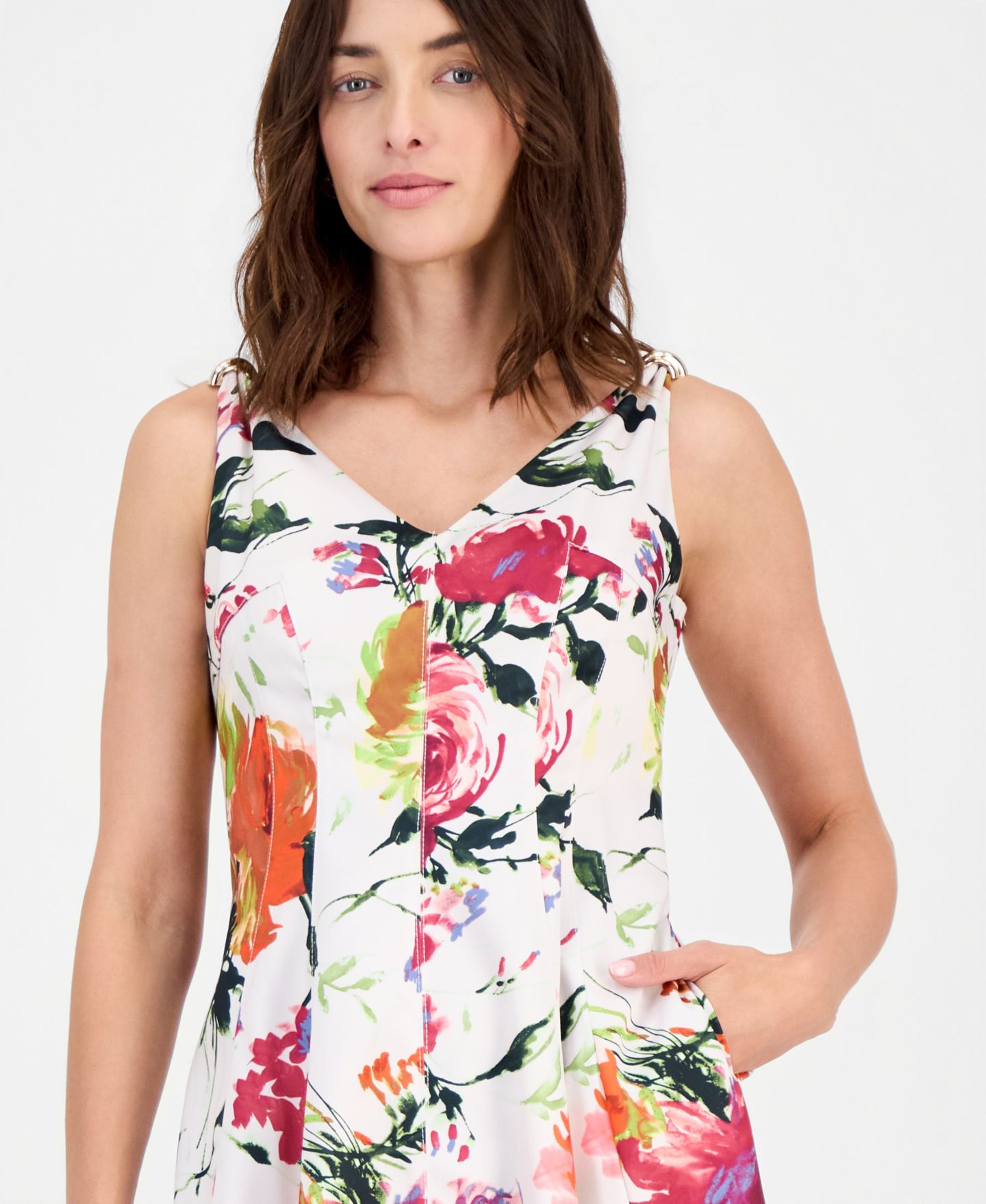 Женское платье Tahari ASL Printed Sleeveless Fit & Flare, цвет: Песочный с принтом — фото 2