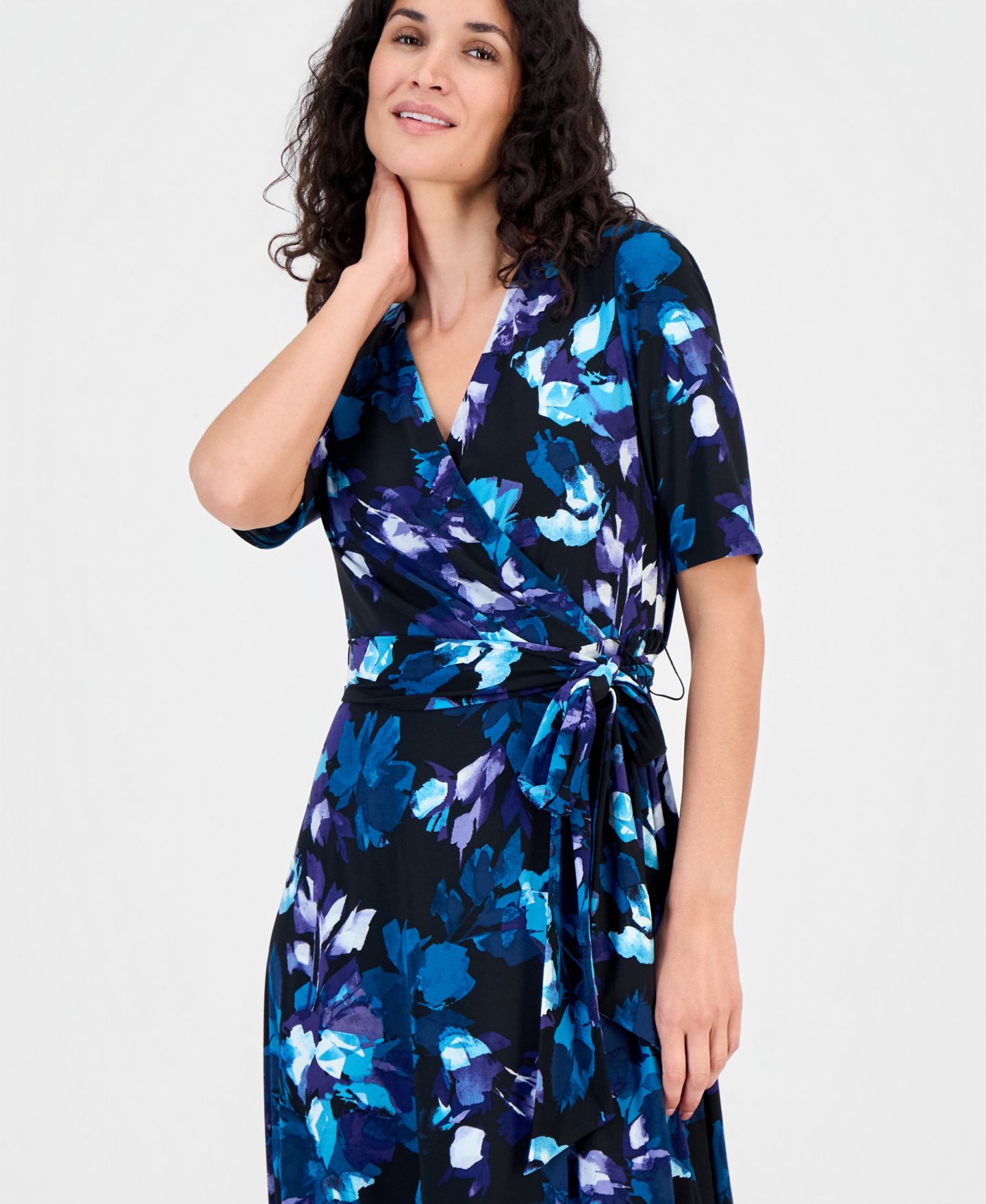 Женское платье Kasper Elbow-Sleeve Wrap-Front Fit & Flare, цвет: Чёрный разноцветный — фото 2