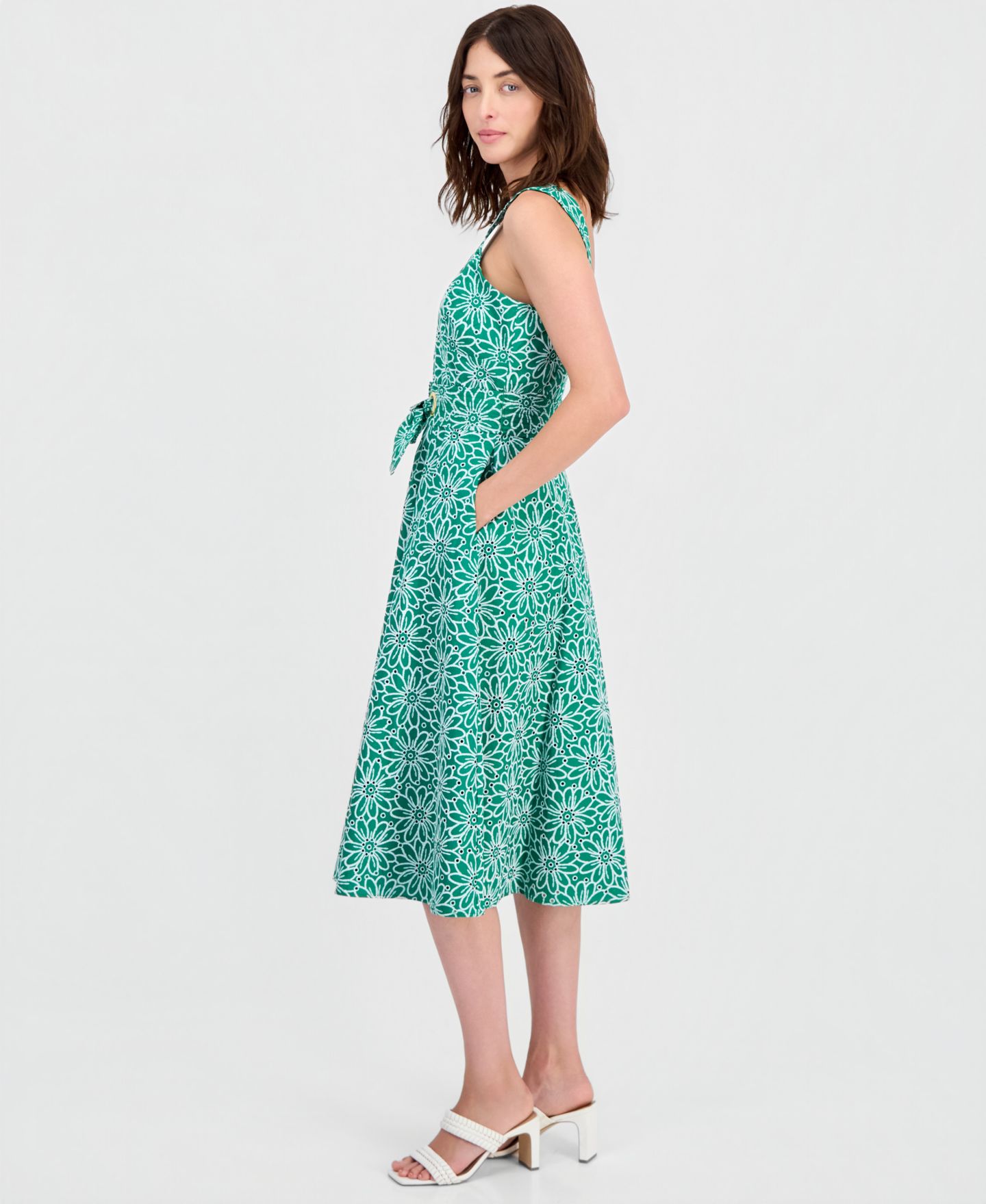 Женское платье Tahari ASL Tahhari ASL Cotton Eyelet Belted Midi, цвет: Зелёный — фото 5