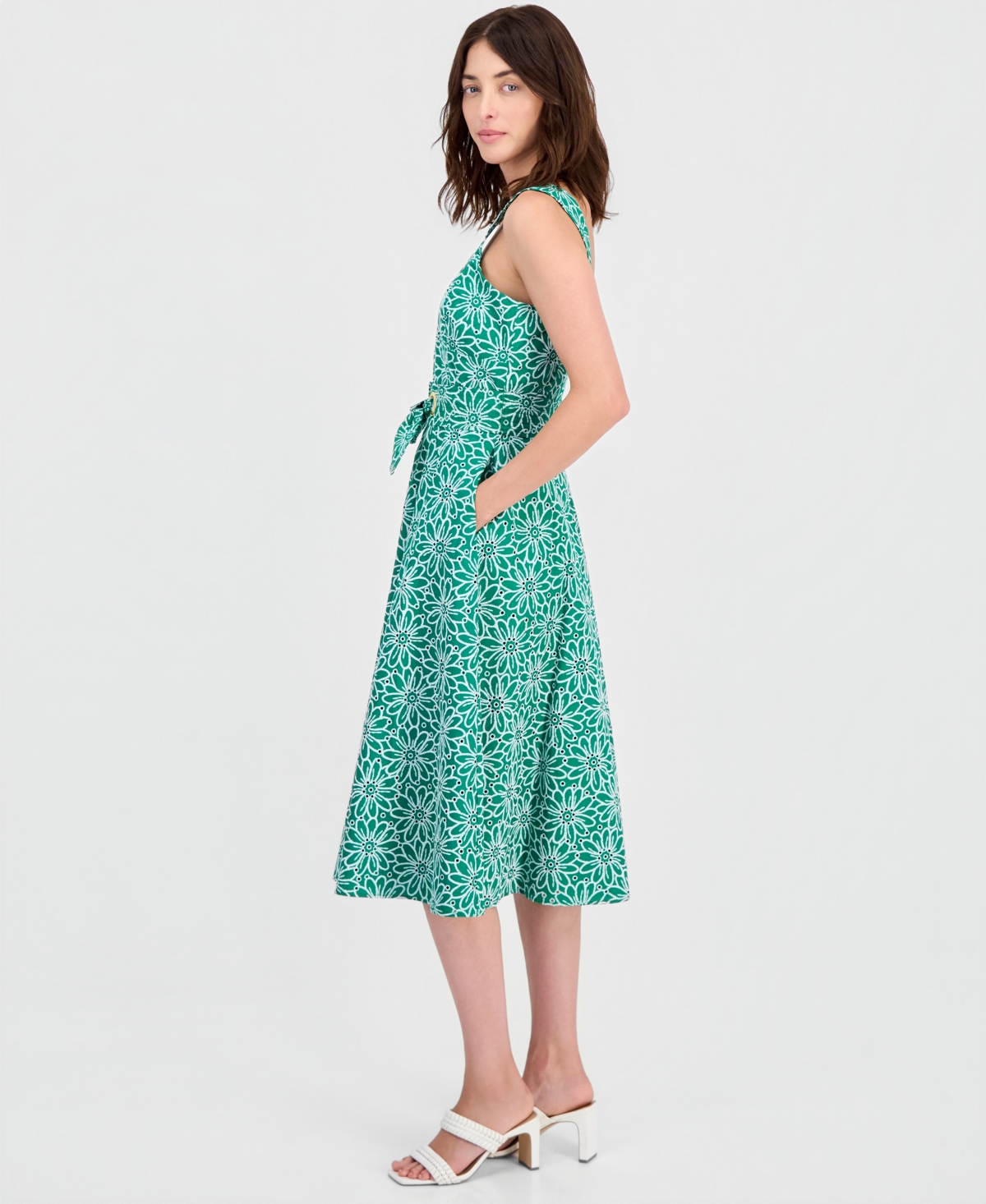 Tahhari Asl Women's Cotton Eyelet Belted Midi Dress