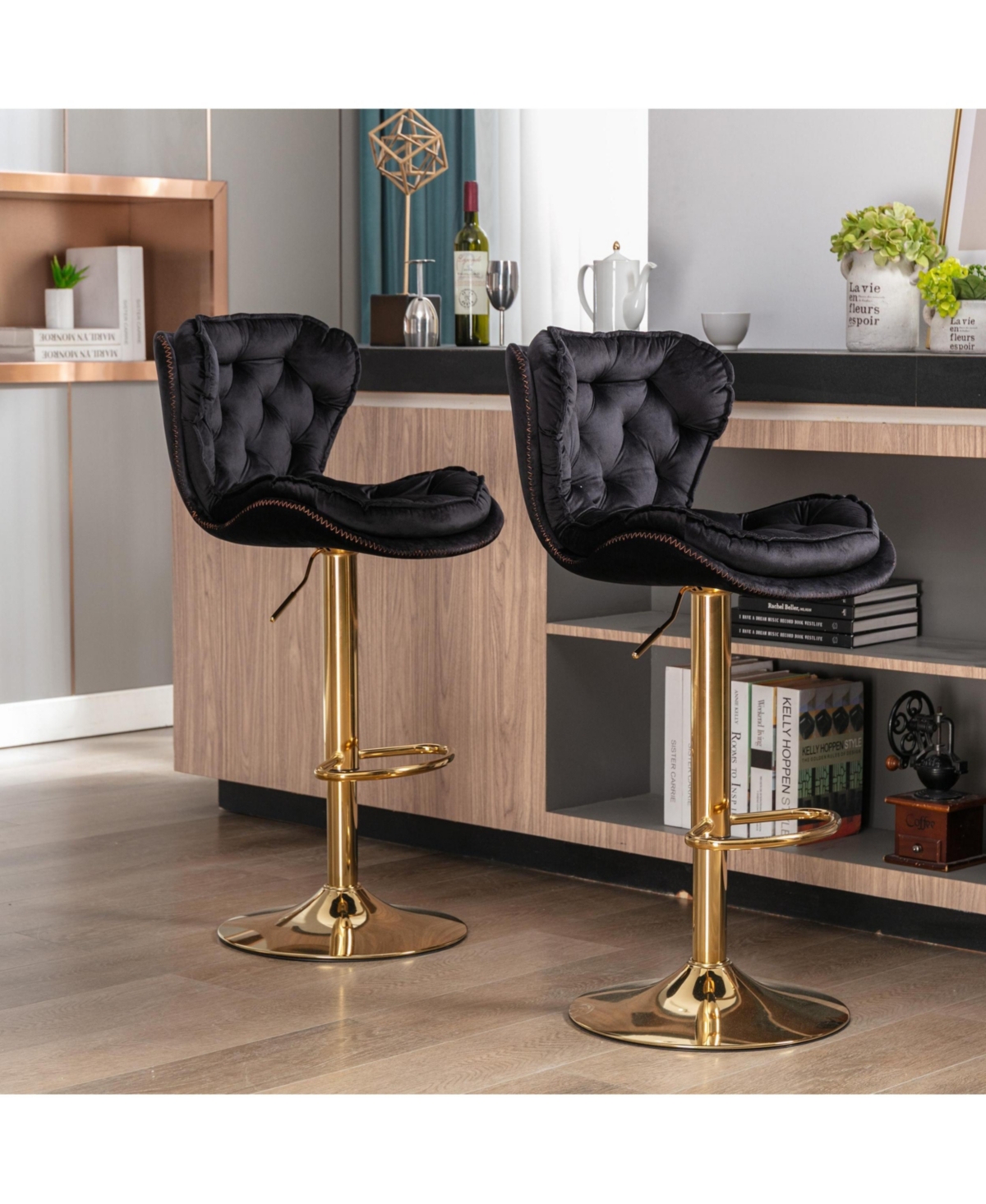 flynama Modern Velvet Adjustable Bar Stools with Chrome Base and Footrest, Set of 2