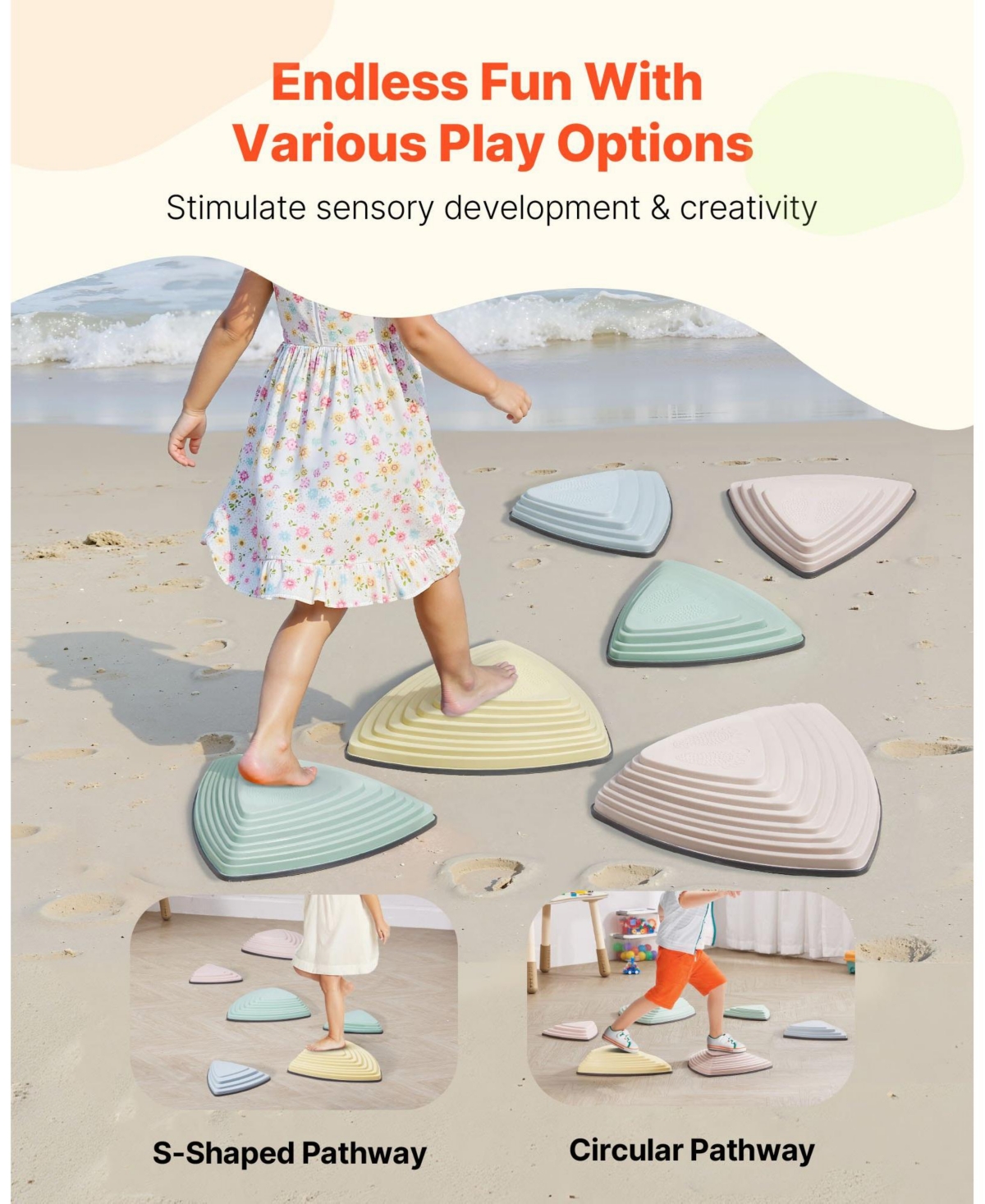 Mecale Balance Stepping Stones for Kids, 6 Pieces Non-Slip Sensory Stones, 220 lbs Max