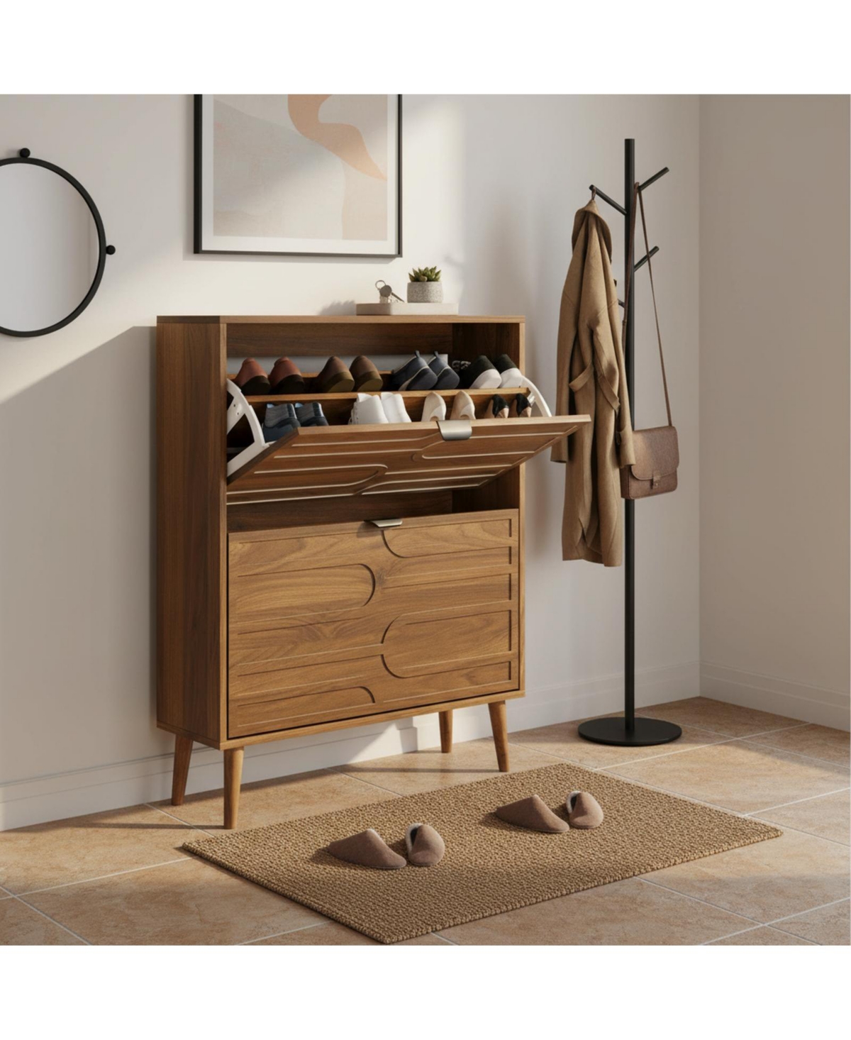Yigii Shoe Cabinet Entryway Narrow Storage Solid Wood Adjustable Shelves Modern Minimalist Compact Organizer