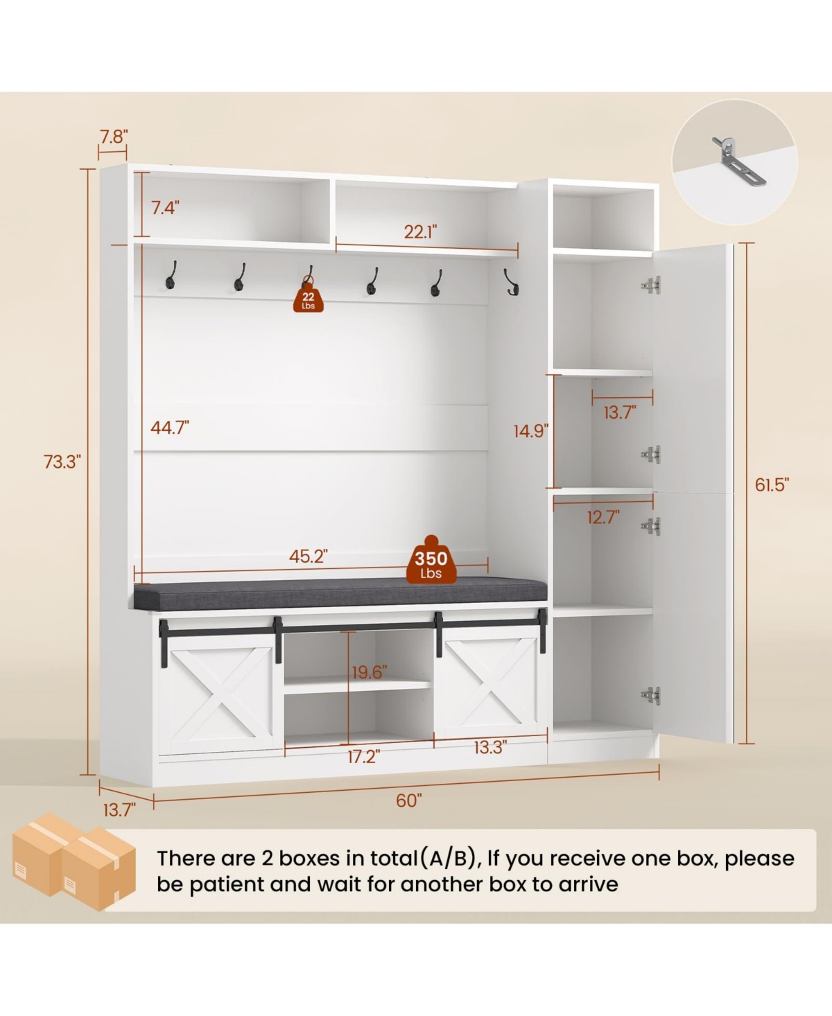 Yigii Hall Tree Bench Shoe Storage Coat Rack Farmhouse Barn Door 4in1 Cushioned Stool Hooks