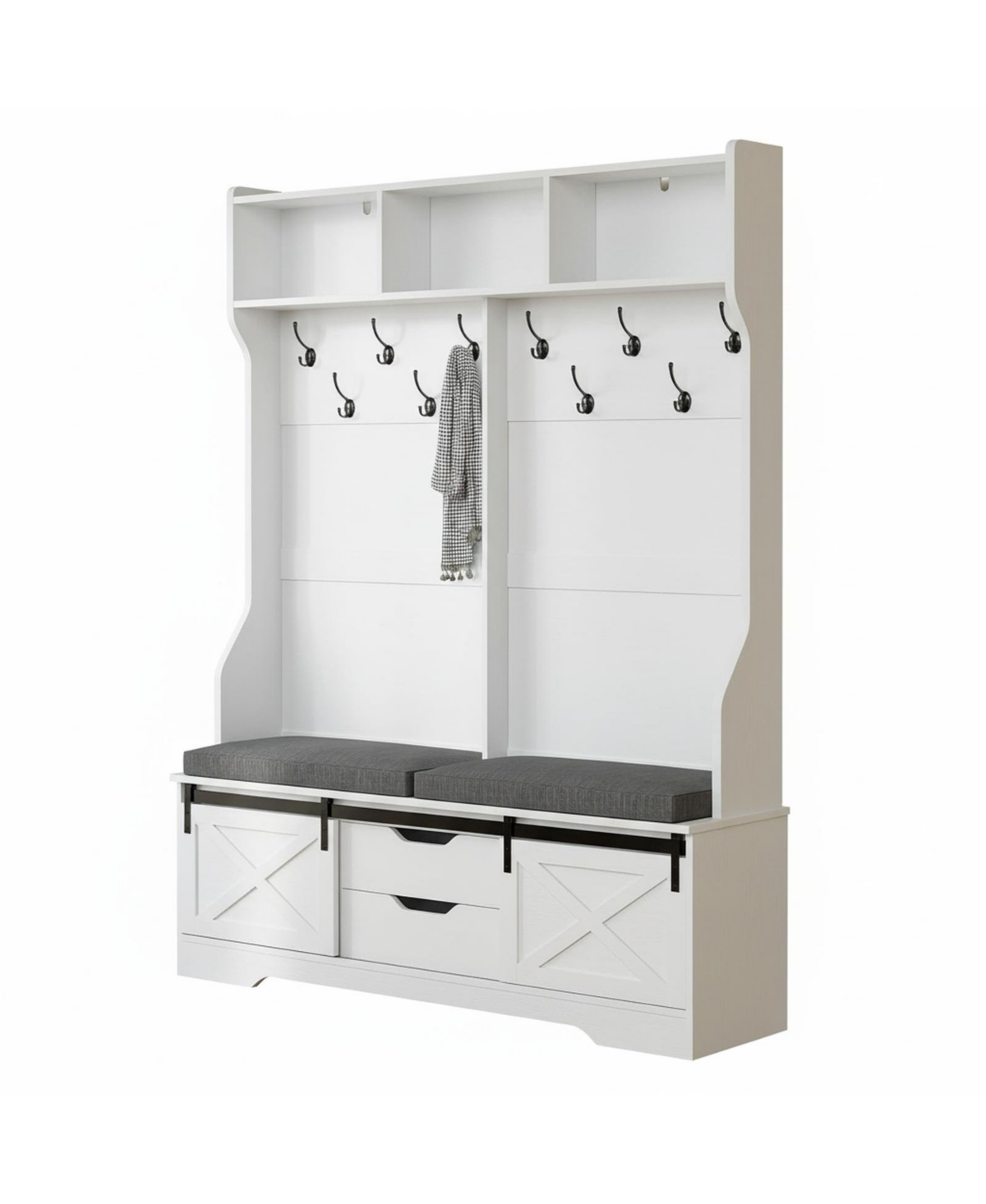 Yigii Hall Tree Bench Shoe Storage Coat Rack Farmhouse Barn Door 4in1 Cushioned Stool Hooks