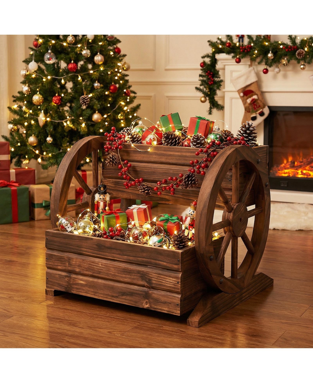 Sugift 2-Tier Raised Garden Bed Rustic Wood Wagon Shape with Drainage Holes and Wheels-Coffee