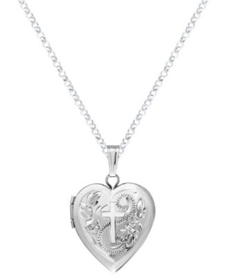 Heart Locket Cross Pendant Necklace in Sterling Silver