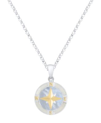 Blue Mother of Pearl Compass Pendant Necklace in Sterling Silver