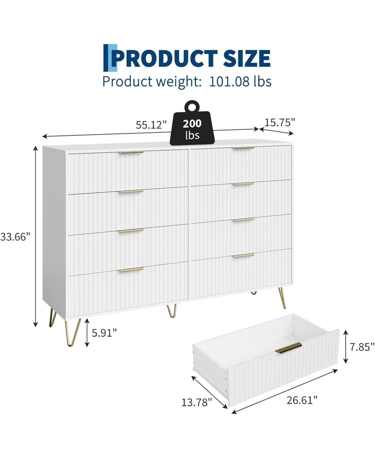 gaomon 55" 8 Drawer Modern Wood Dresser with Metal Handles, Large Bedroom Storage Chest