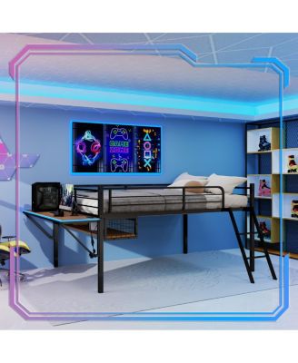 Metal Loft Bed with Desk, LED Lights, and Storage