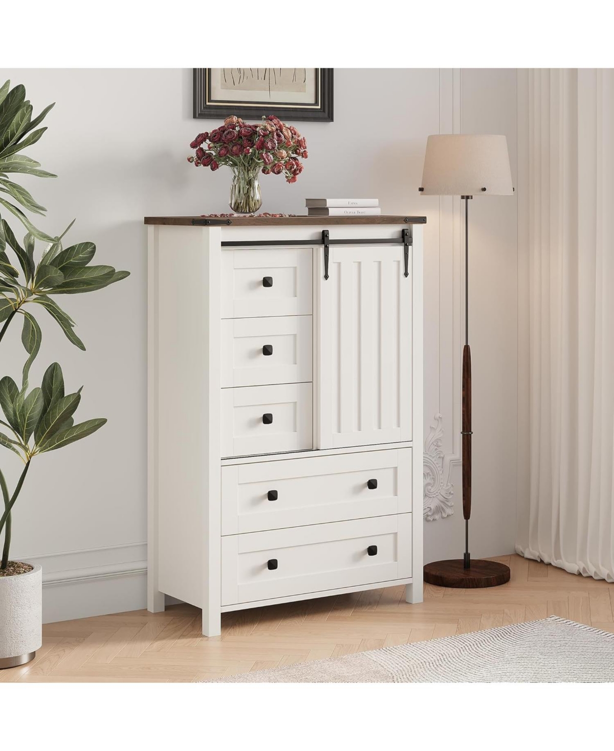 gaomon 5-Drawer Farmhouse Dresser With Barn Door And Shelves, Tall Chest
