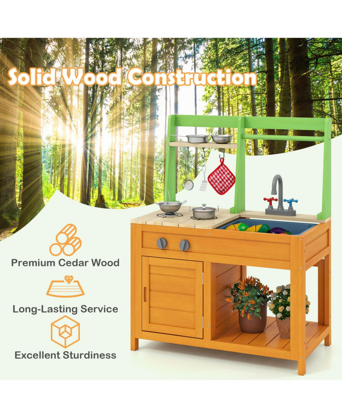 Детские игрушки Costway Wooden Mud Kitchen with Stoves, Sink and Oven, 10-Piece Set, Ages 3+, цвет: Жёлтый — фото 9