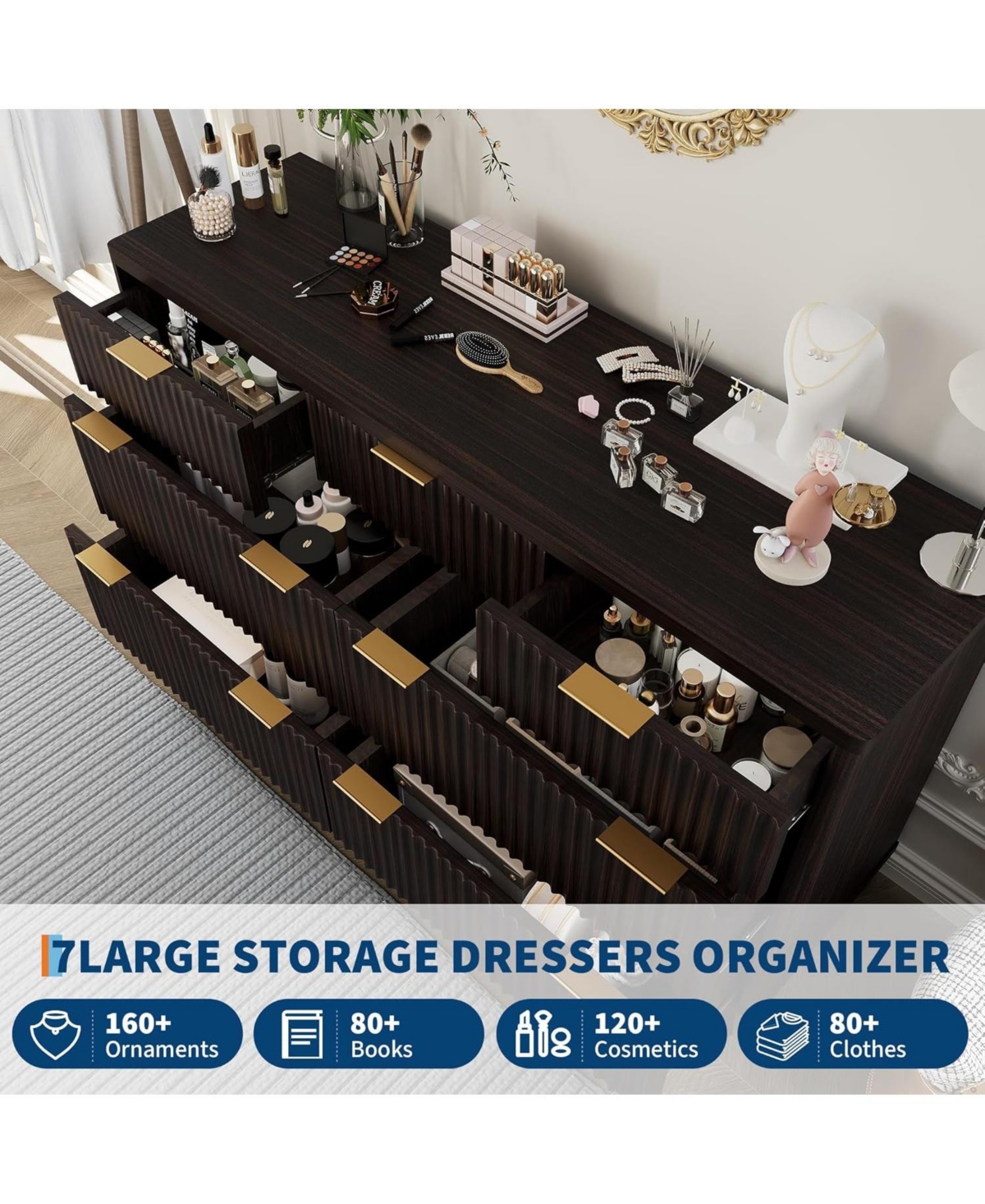 gaomon Drawer Fluted Wood Dresser, Curved Mid-Century Storage Cabinet for Bedroom, Living Room.