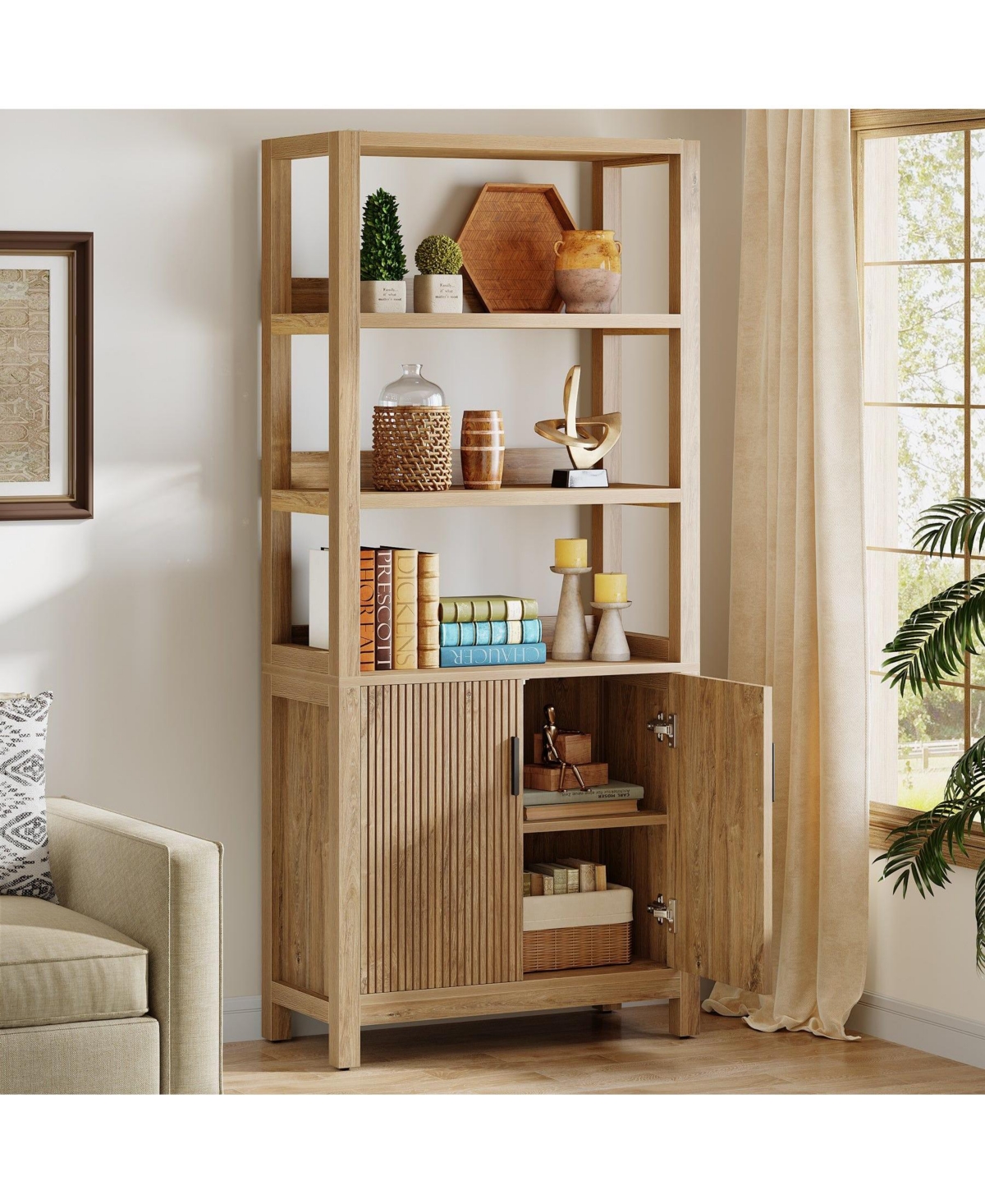 Slickblue Wooden Storage Bookshelf with 3-Tier Open Shelves and Door Cabinet