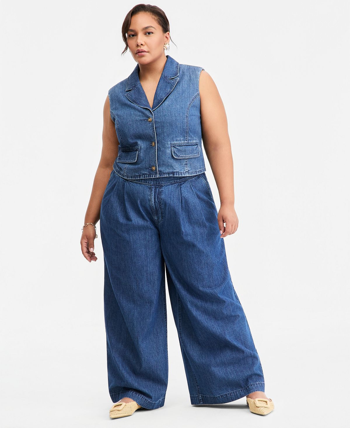 On 34th Trendy Plus Size High-Rise Pleated Wide-Leg Jeans, Macy's Exclusive view 1 — MAYCSS fashion products