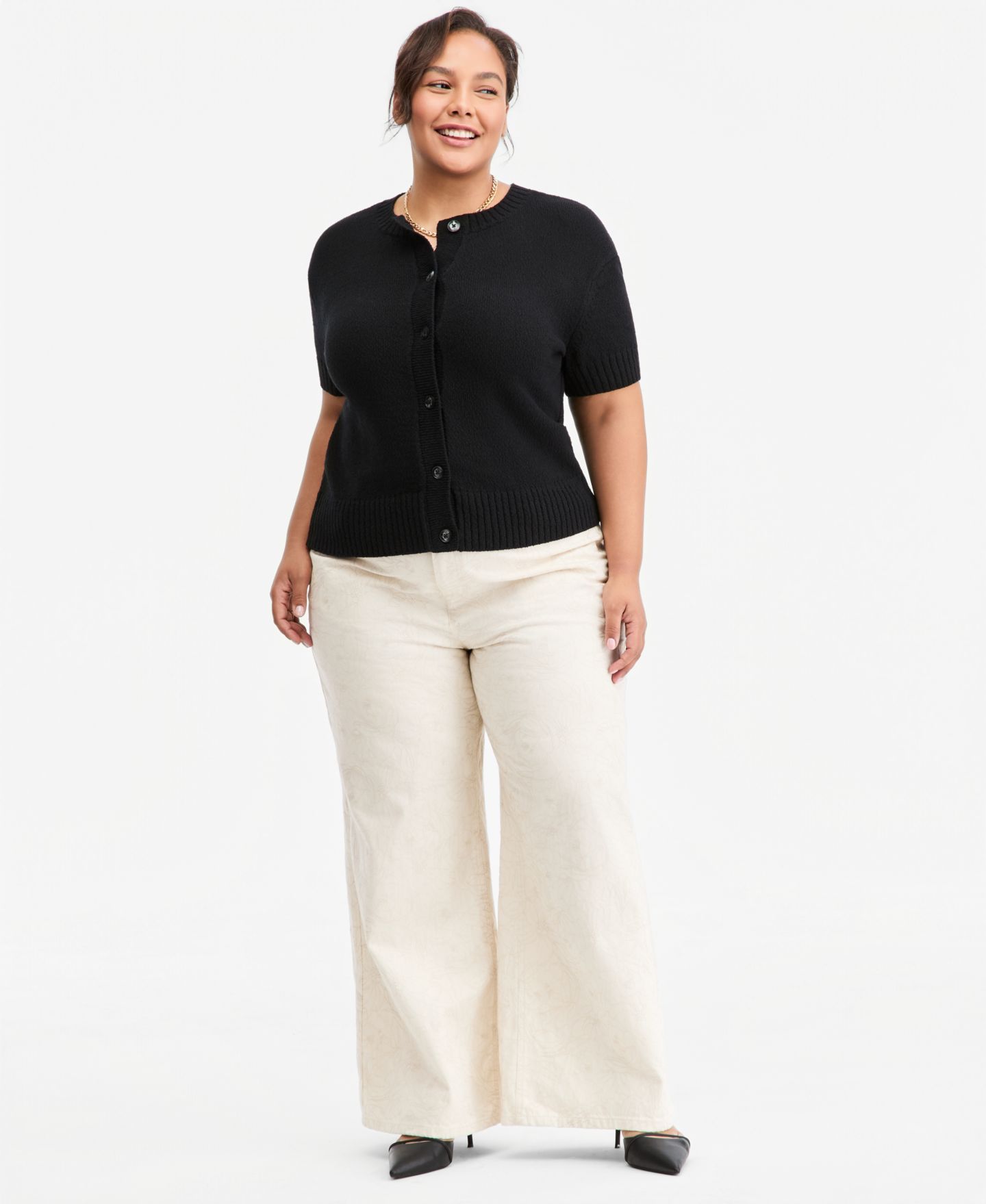 Женский кардиган On 34th Trendy Plus Size Short-Sleeve Button-Front, цвет: Глубокий чёрный — фото 2