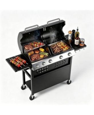 Stainless Steel 5 Burners Gas Grill Griddle Combo for Backyard Patio,  Total Cooking Area