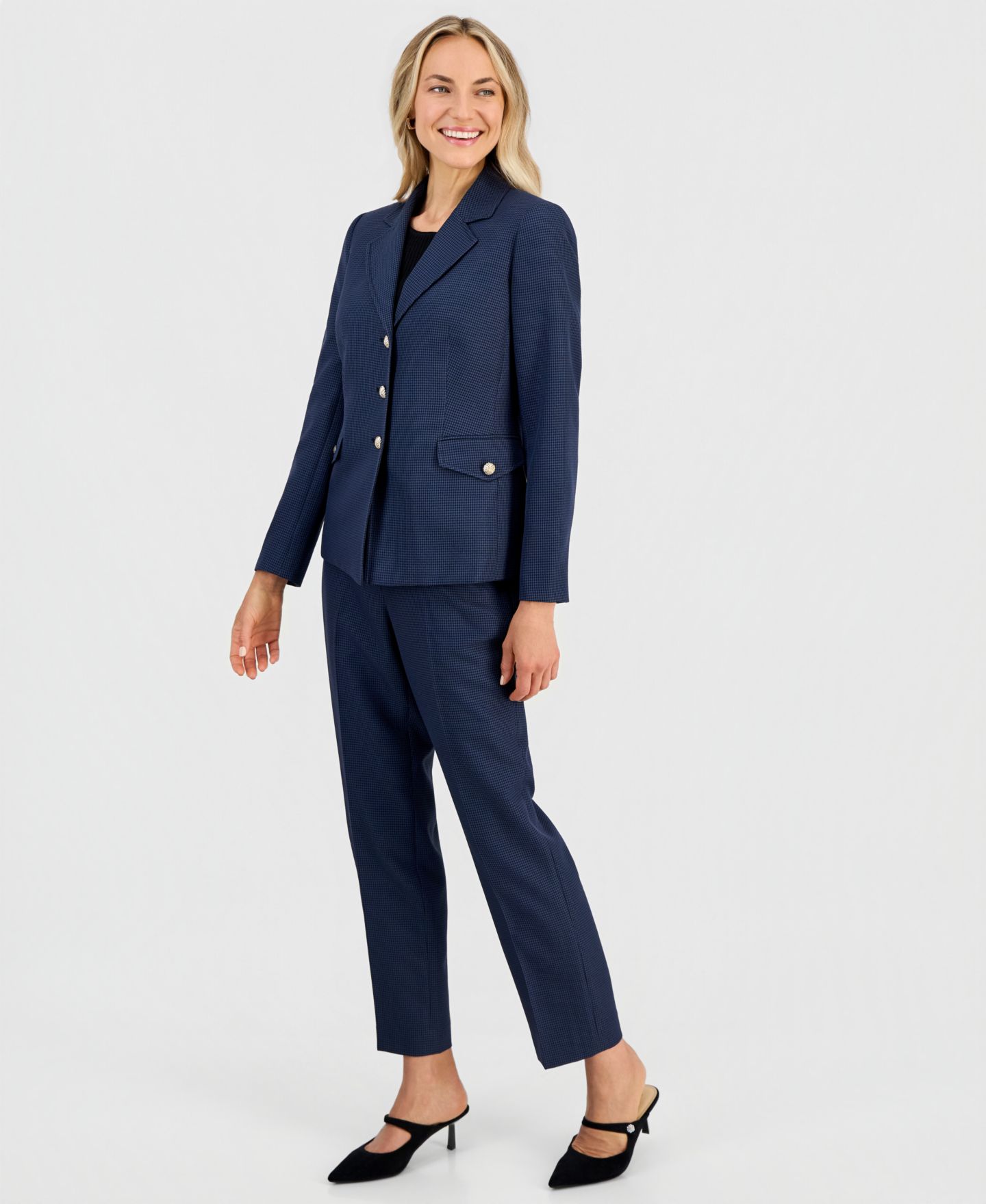 Женские комплекты Kasper Mini-Check-Print Long-Sleeve Jacket & Mid-Rise Ankle Pants, цвет: Синий ночной / Чёрный — фото 1