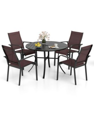 5-Piece Patio Dining Set for 4Round Metal Table w/ Umbrella Hole and 4 Stackable