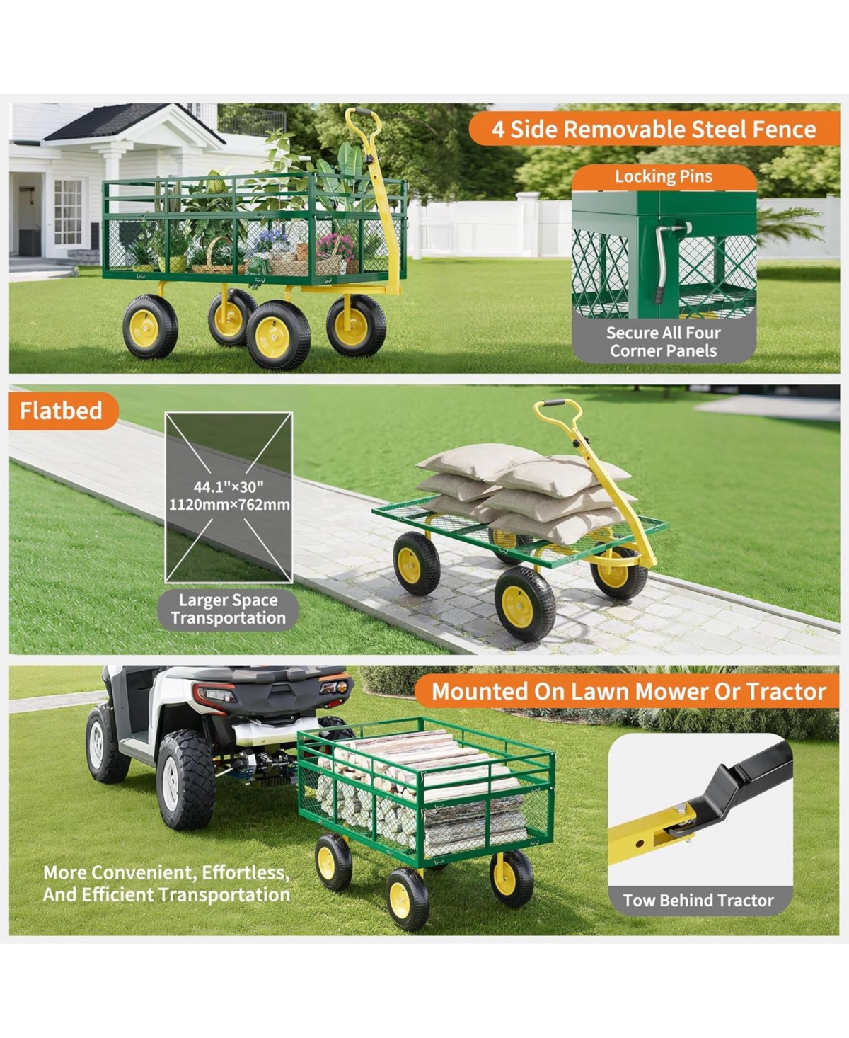 gaomon 1400 Lbs Heavy-Duty Steel Garden Cart 3-in-1 Wagon with 13-Inch All-Terrain Tires Rotating Handle and Removable Mesh Sides for Outdoor