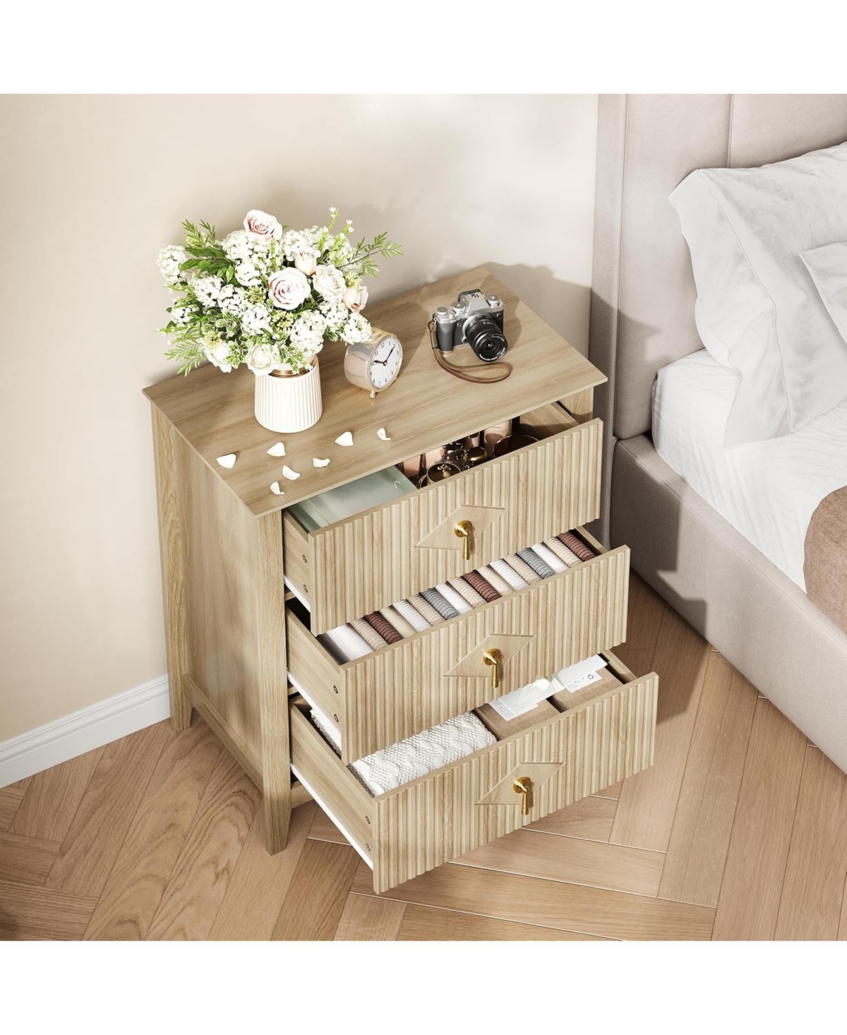 gaomon 27.5" Mid-Century Nightstand Set of 2, 3 Drawer Wood Bedside Table