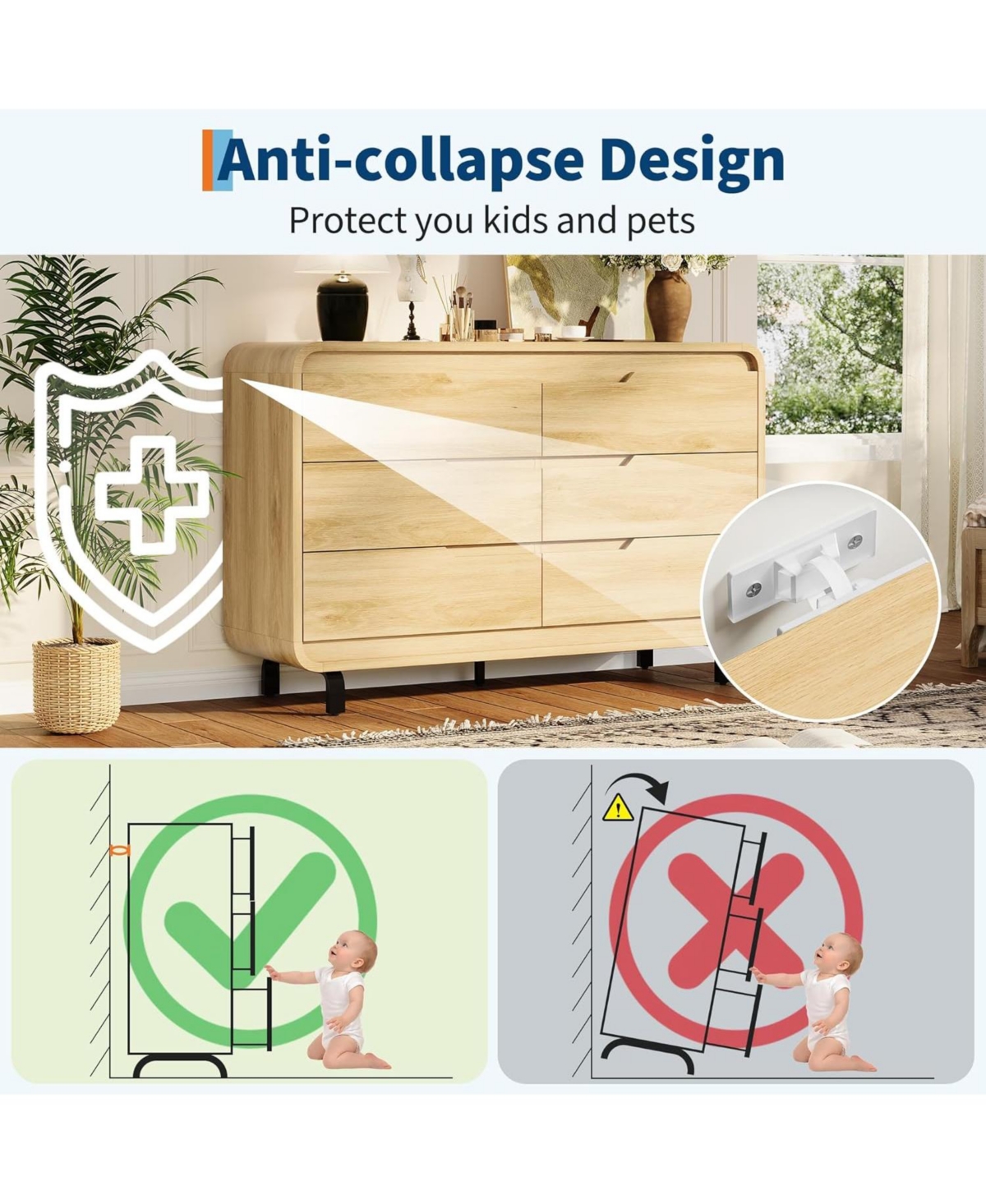gaomon 6 Drawer Wood Dresser for Bedroom, Modern Storage Chest Organizer