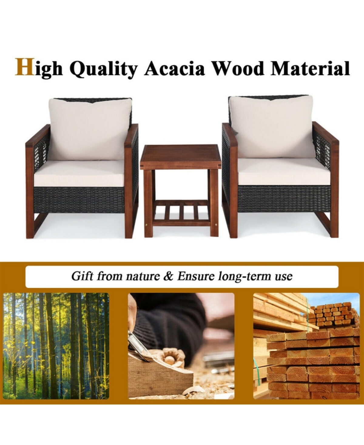 Clihome 3 Pieces Acacia Wood Patio Furniture Set with Coffee Table and Cushions