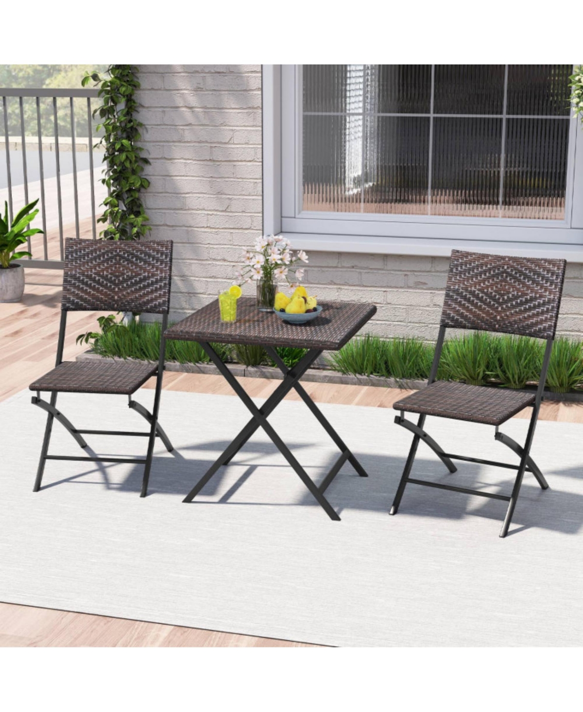 Clihome 3 Piece Rattan Bistro Set Outdoor Folding Dining Table and Chairs with Wicker Seat