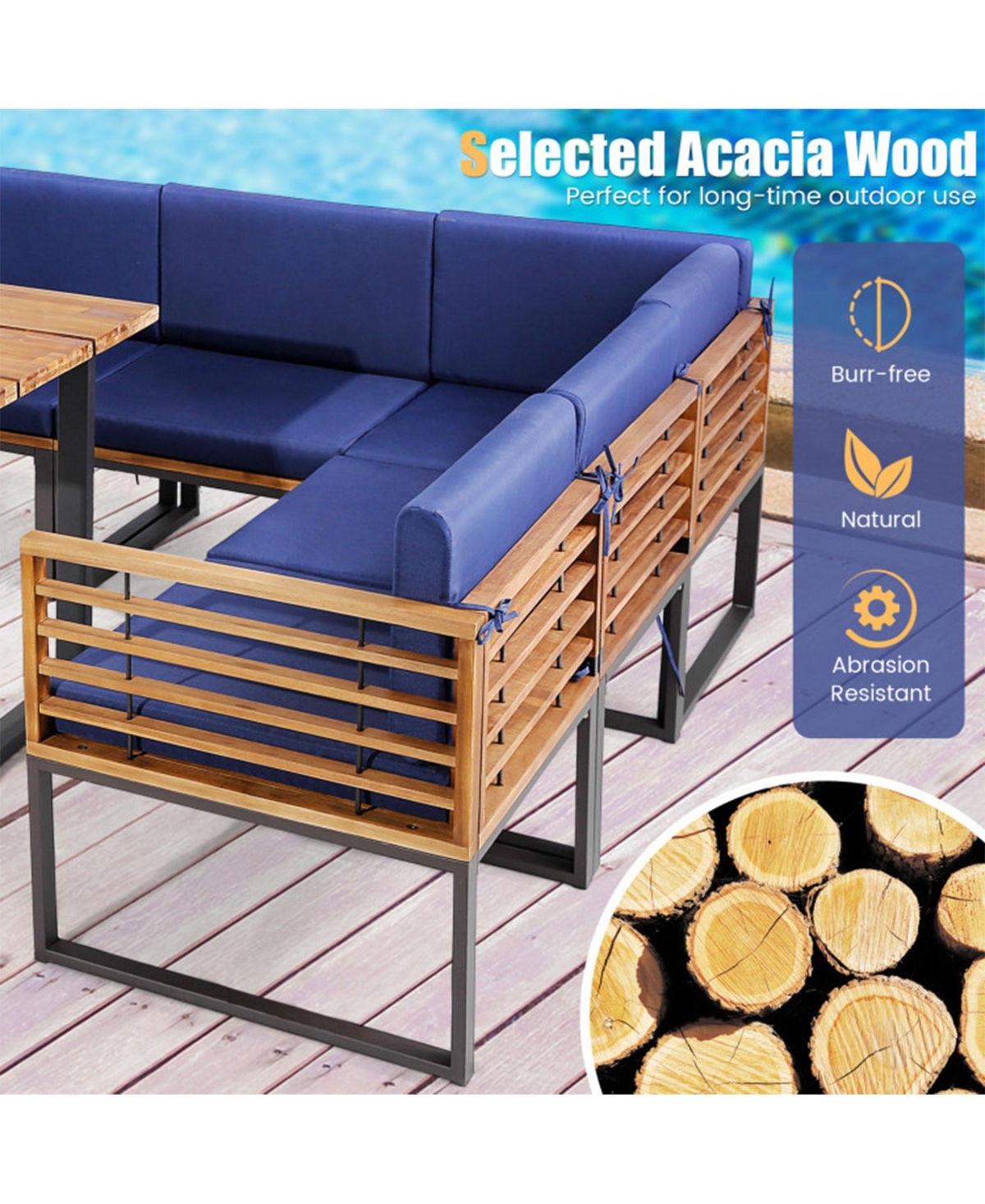 Clihome 8 Pieces Patio Acacia Wood Dining Set with Ottoman Cushions