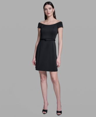 Women's Off-The-Shoulder Scuba Belted Mini Fit & Flare Dress