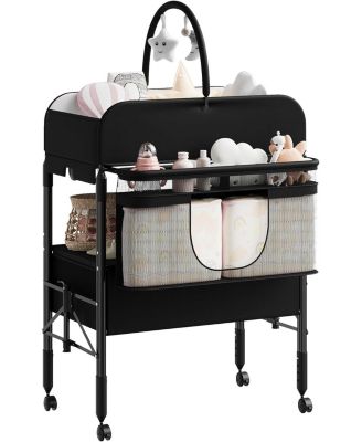 Baby Changing Table, Versatile Folding Changing Table with Wheels and 2 Drawers, Adjustable Height 38-41 in