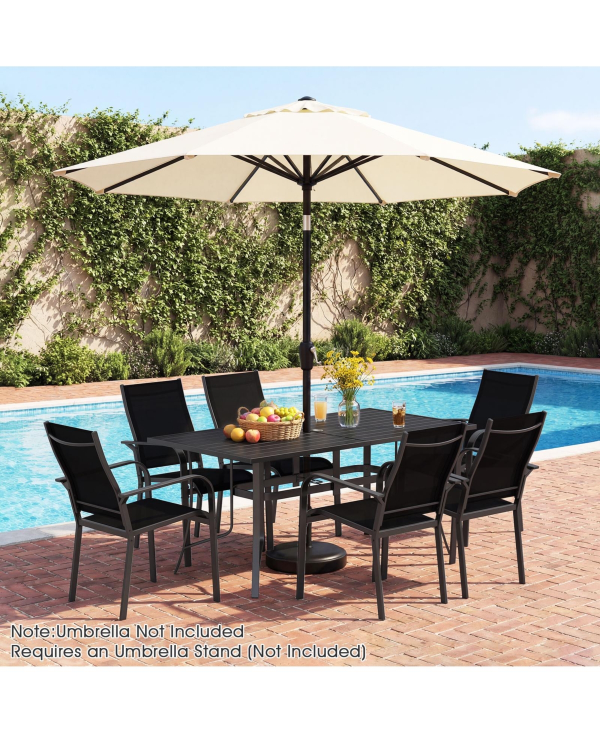 Gymax 7PCS Patio Dining Set for 6 Metal Table w/Umbrella Hole and Stackable Armchairs