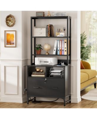 Hutch with Charging Station and  Lock Drawers Storage File Cabinet
