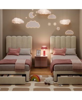 Set of 2 Twin Bed Frame with Under-Bed Drawer, Velvet Upholstered Platform Bed with Wave Headboard for Boys/Girls, Wooden Slats Support