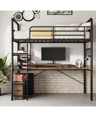 Heavy Duty Twin Metal Loft Bed with L-Shaped Desk, 2 Storage Shelves and Decorative Mesh - High Guardrail, Ladder