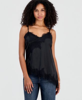 Juniors' Satin Lace-Trim Asymmetric Cami