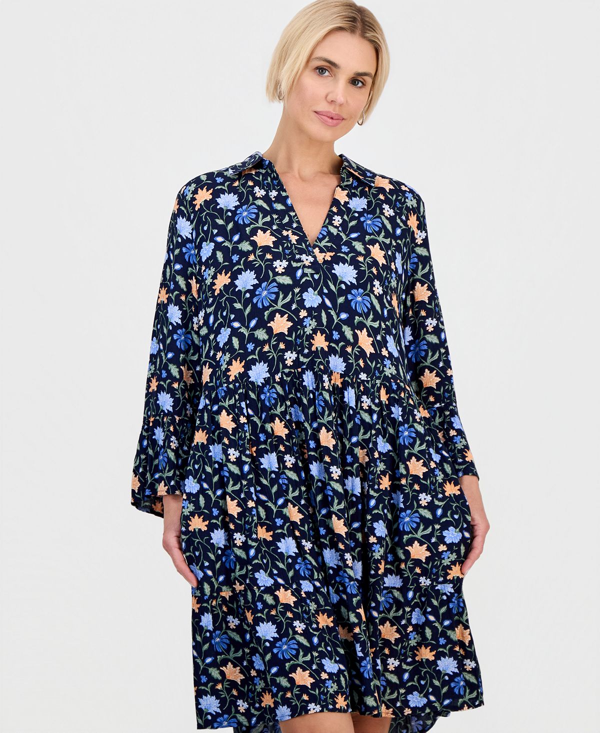 Style & Co Petite Printed 3/4-Sleeve Tiered Shift Dress, Macy's Exclusive view 3 — MAYCSS fashion products