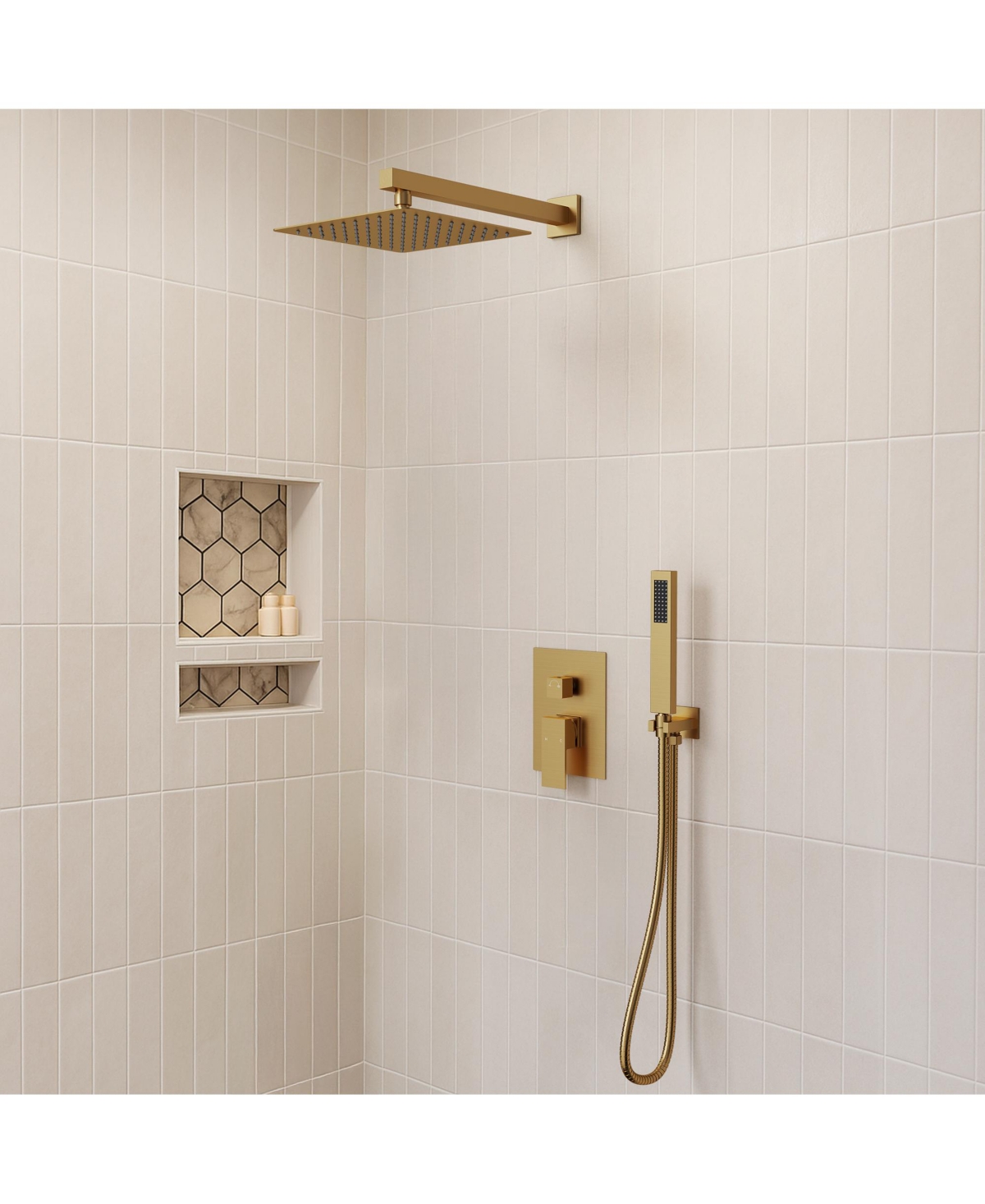 Everstrein 10" Rain Shower Head High Pressure Wall Mount Shower System Bathroom Shower Faucet Set with Handheld Spray Brushed Gold