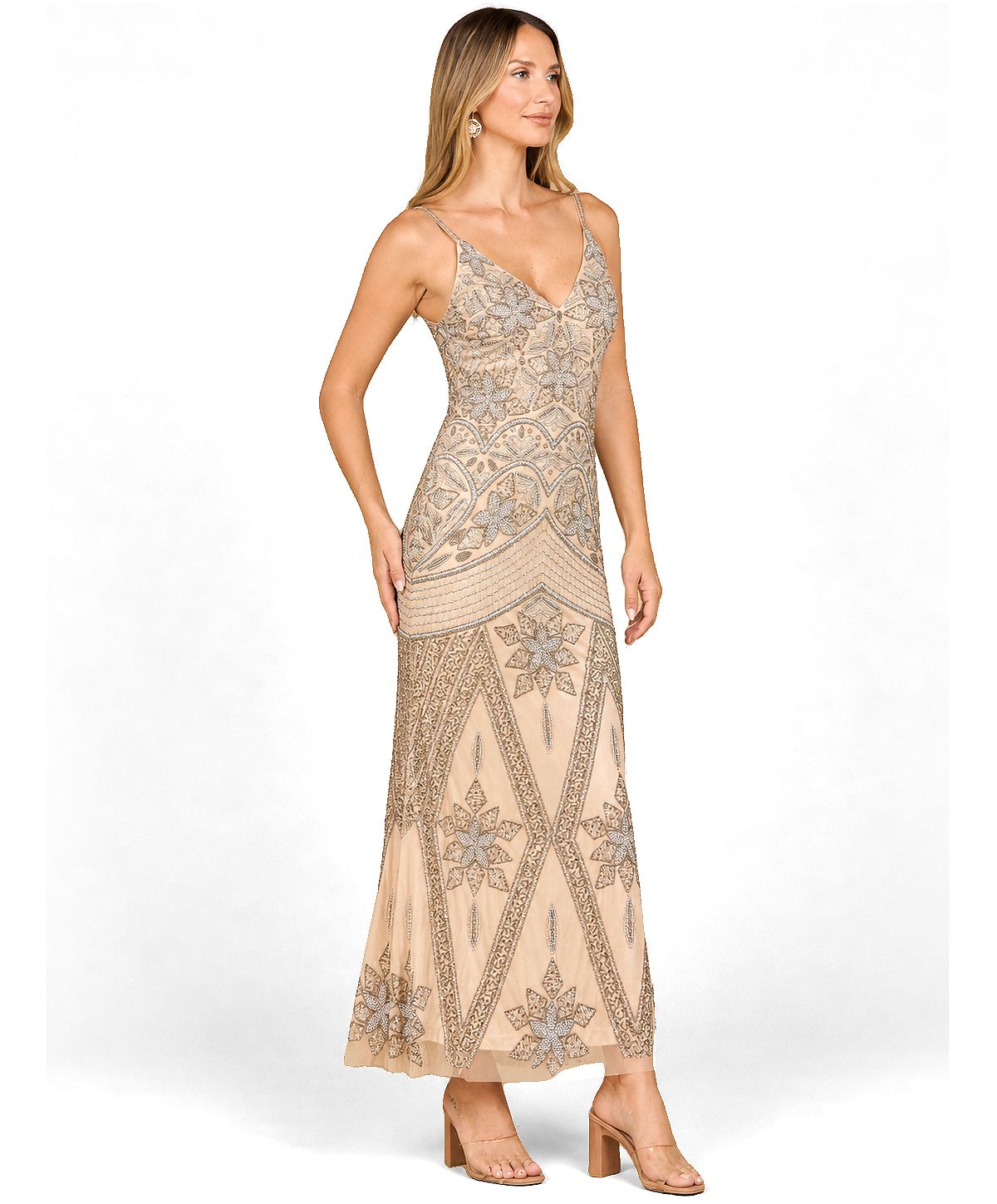 Lara Women's Contrast Beaded V-Neck Fitted Gown view 3 — MAYCSS fashion products