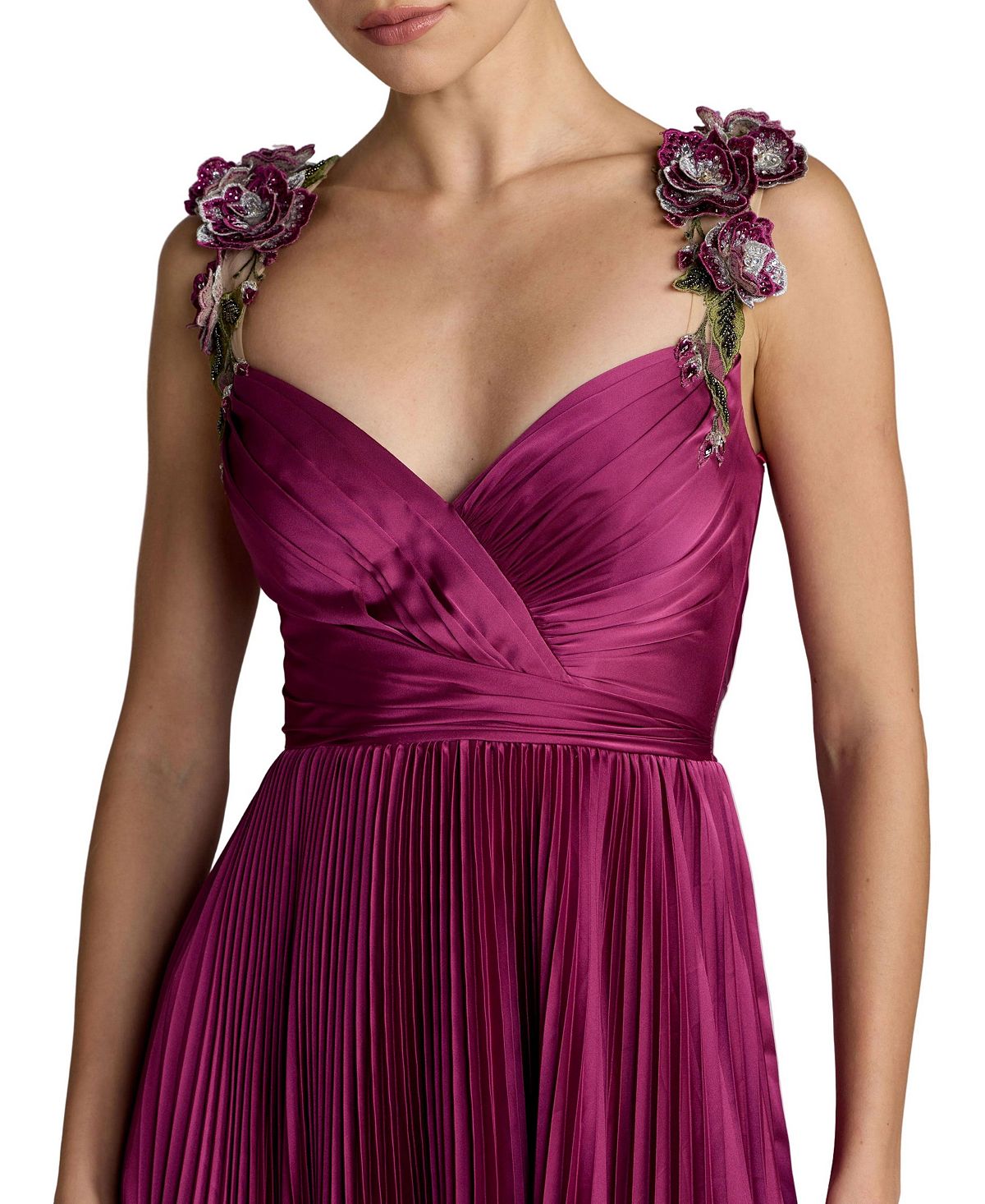 Mac Duggal Women's Pleated High-Low Gown with Floral Straps view 3 — MAYCSS fashion products