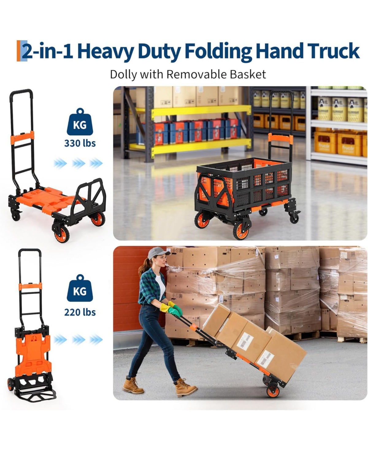 gaomon Folding Hand Truck with 330 Lb Capacity - 2-in-1 Dolly and Flatbed Cart Retractable Handle Rubber Wheels and Foldable Basket