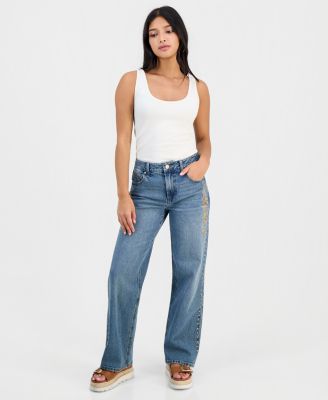 Petite Floral-Embroidered High-Rise Jeans