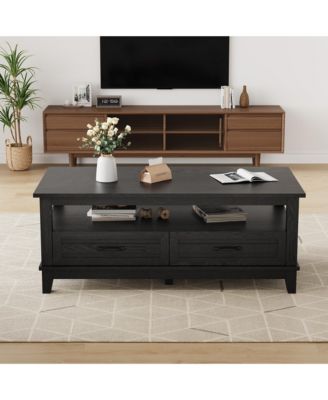 Farmhouse Coffee Table With Drawers, 47.2" Center Table Rustic Coffee Tables Living Room Table, With Open Shelf and 6 Support Legs
