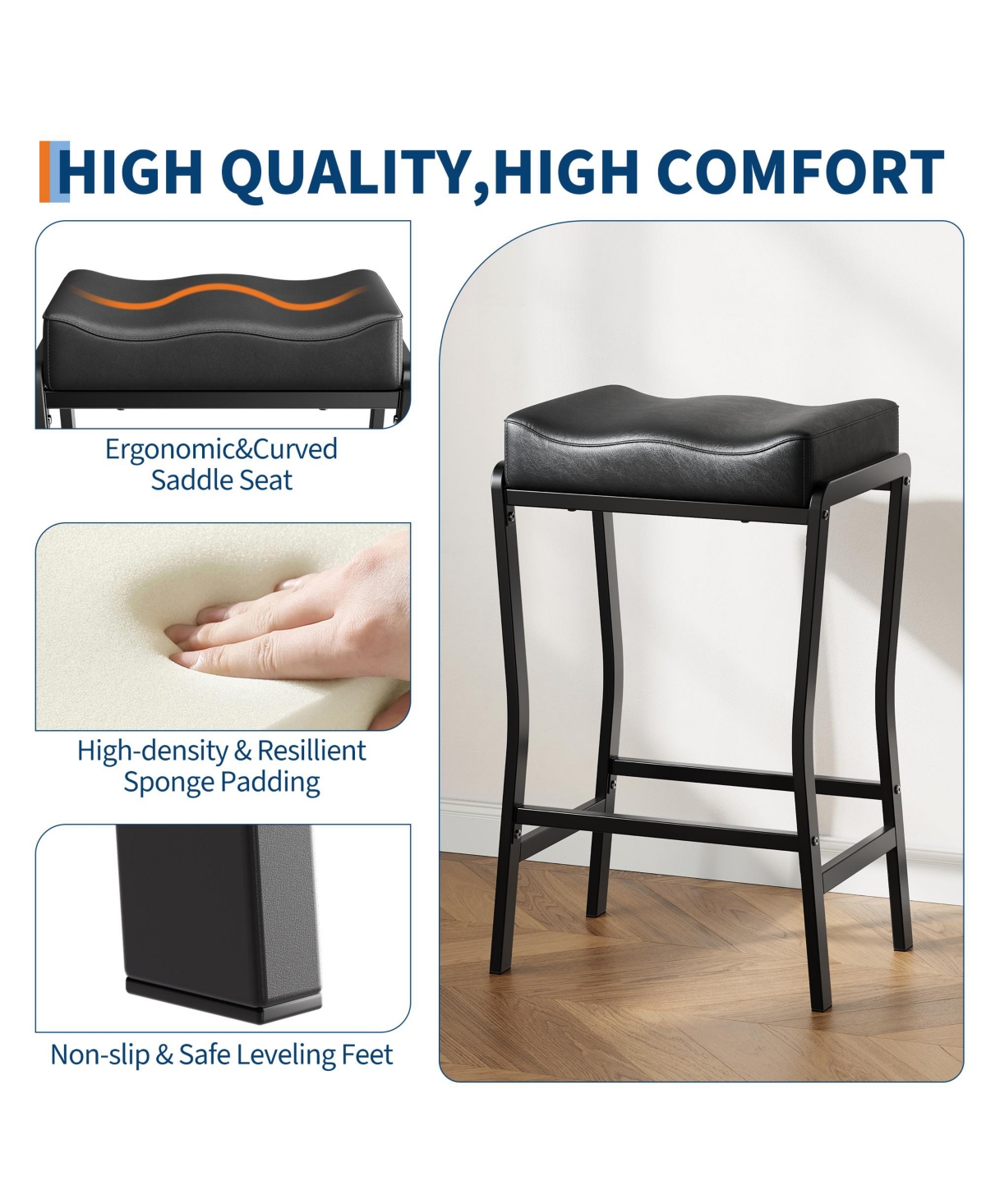 gaomon Modern Counter Height Bar Stools Set of 4 – 26'' Saddle Seat – Thick Padded Faux Leather – Sturdy Metal Frame and Footrest