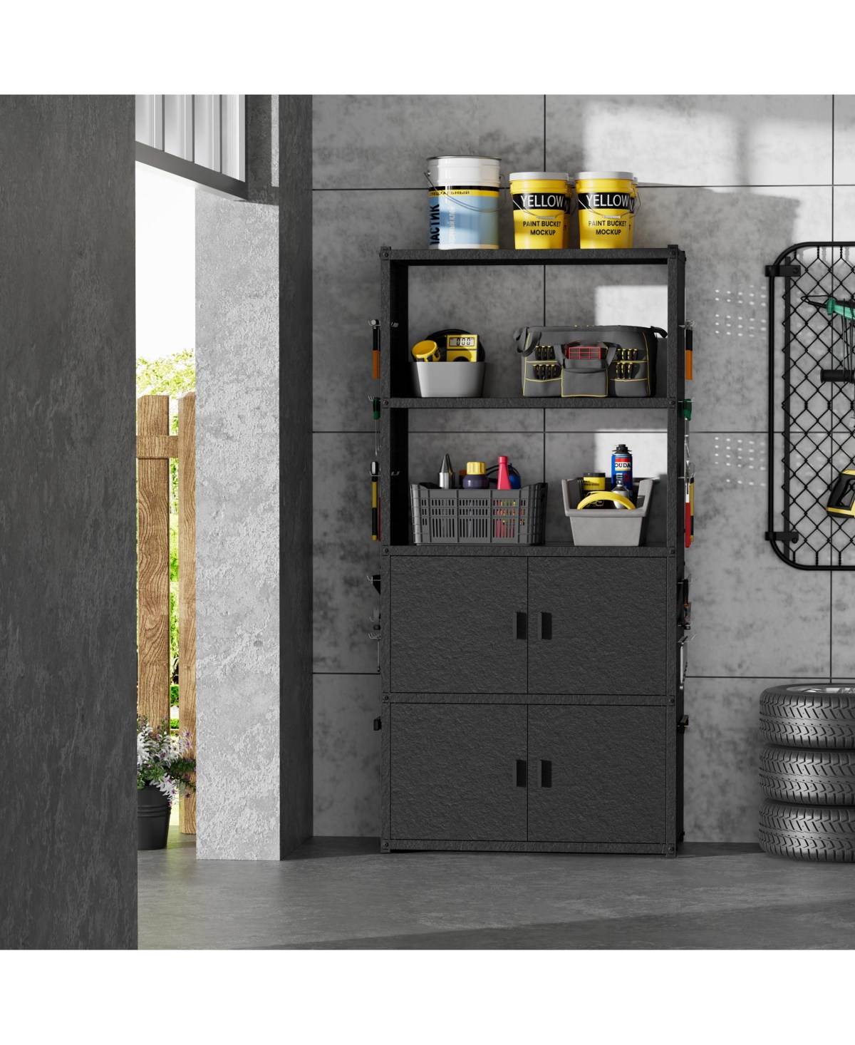 5-Shelf Heavy-Duty Garage Storage Shelving w/ Lower Cabinet and Side Pegboards