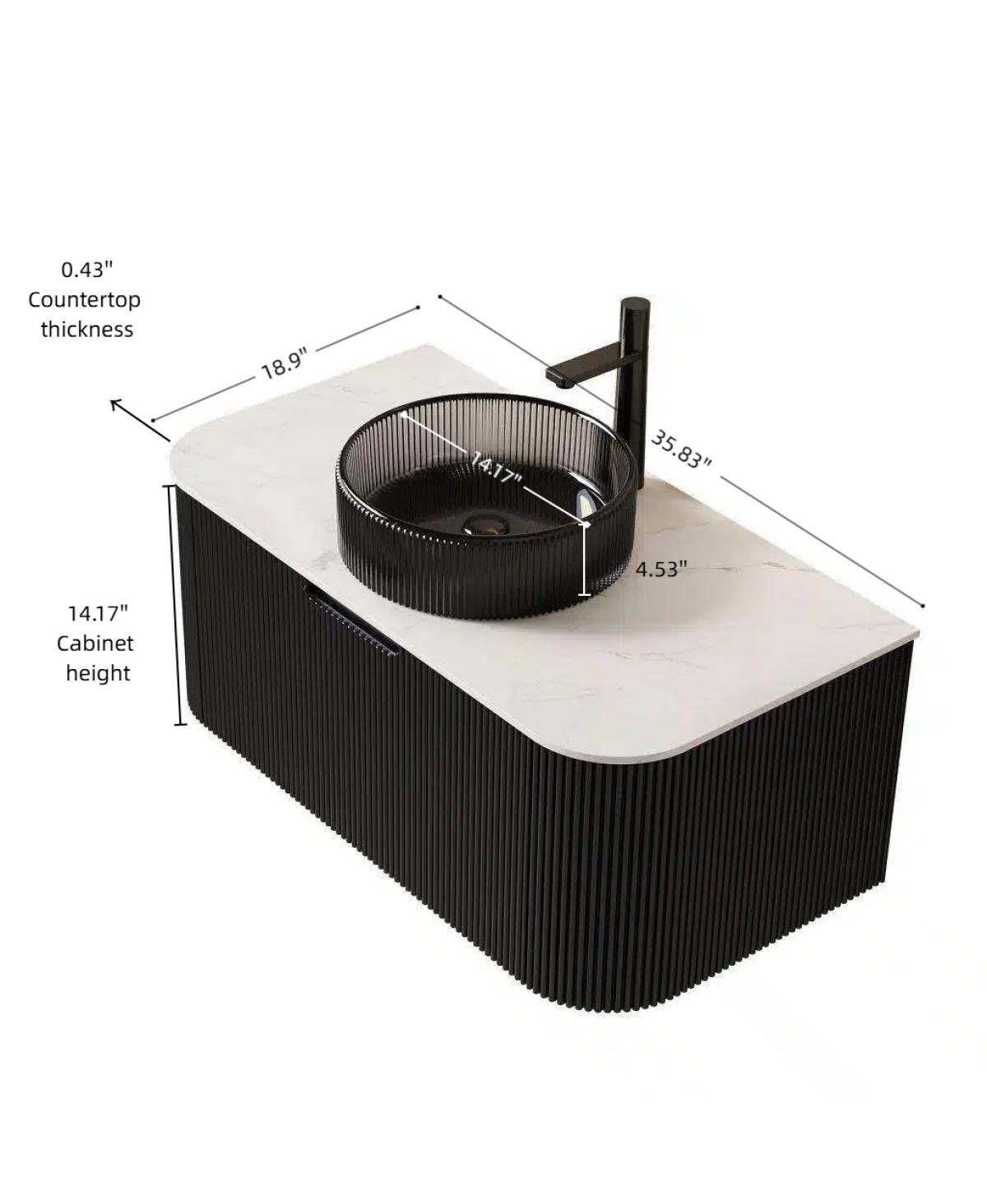 Sillysis Wall Mounted Bathroom Vanity with Glass Vessel Sink, 3D Stripe Plywood Cabinet, Soft Close Drawer