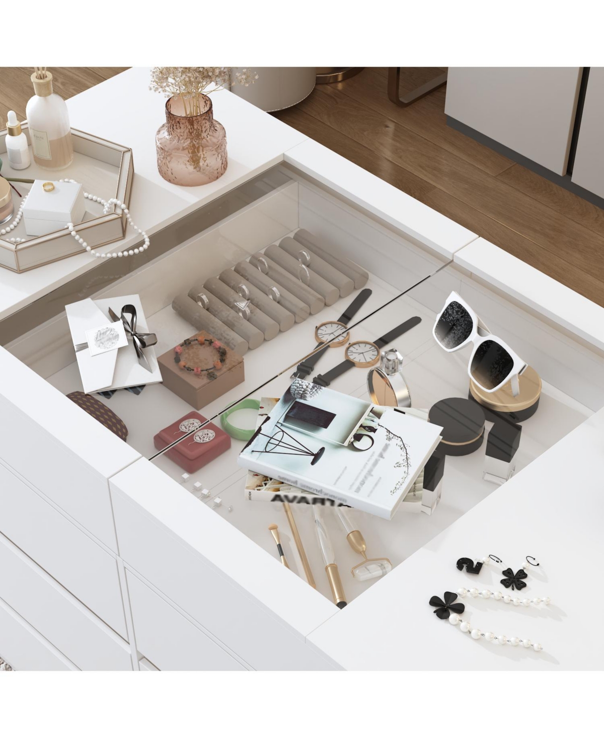 Homsee Modern 63 Inch 12-Drawer Bedroom Island - Tempered Glass Top | Engineered Wood | Smooth Glide Drawers
