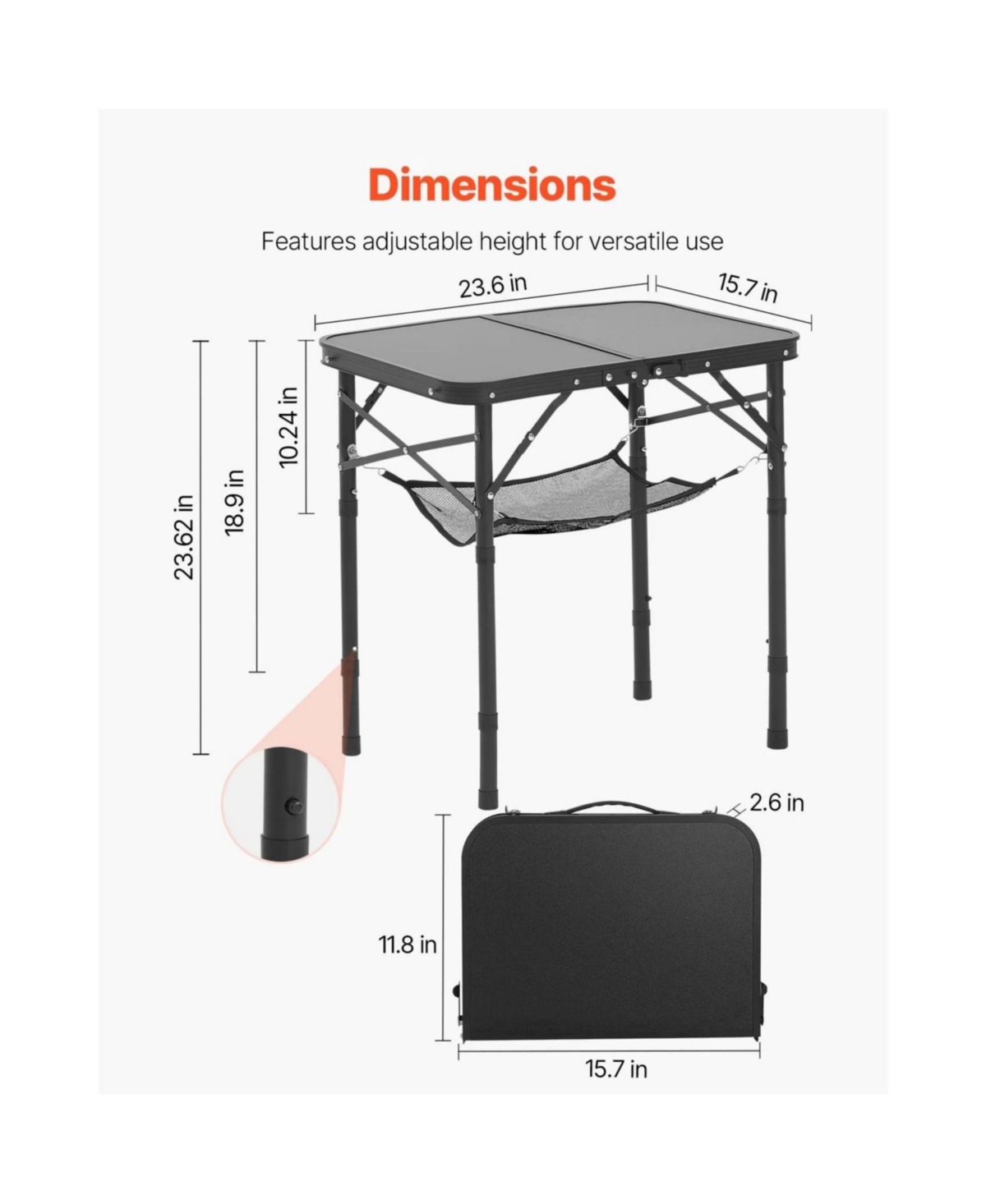 Yiortwo 2 Ft Folding Portable Camping Table Adjustable Height Aluminum Outdoor Picnic Table with Storage Mesh and Carry Handle