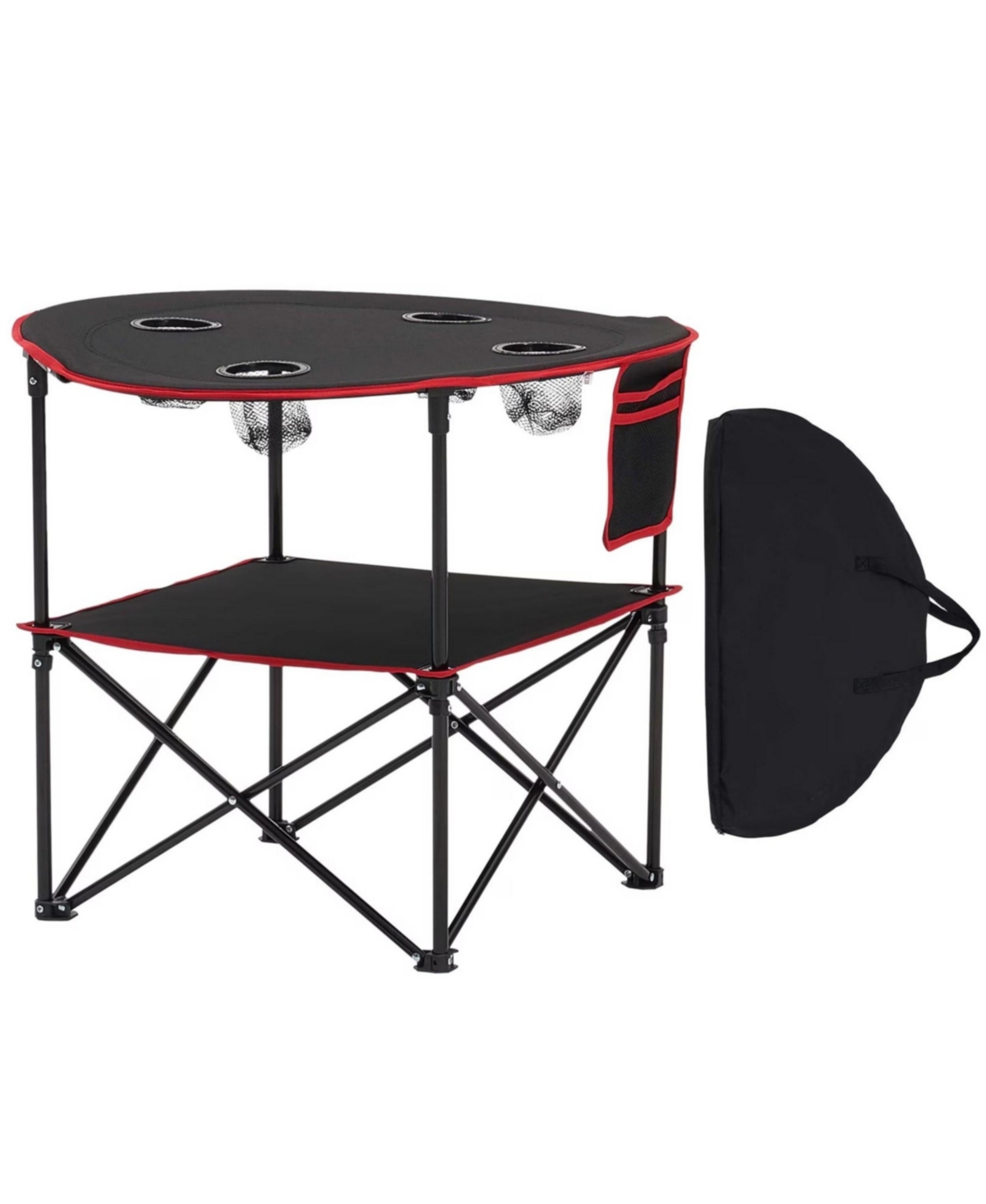 Yiortwo Folding Portable Camping Table Outdoor Picnic Round Table with 4 Cup Holders Storage Shelf and Side Pocket
